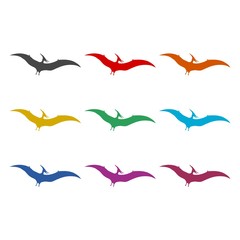 Pterodactyl icon or logo, Pteranodon bird, color set