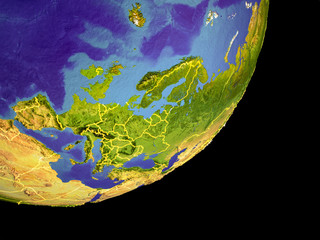 Fototapeta premium Europe from space on model of Earth with country borders. Very fine detail of the plastic planet surface and blue oceans.