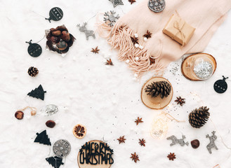 Flat lay trendy christmas composition. Holiday decoration on white background for bloggers