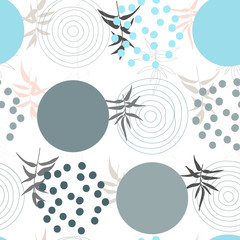 Modern vector seamless pattern, botanical motif with stylized twigs  and simple geometric shapes like circles.