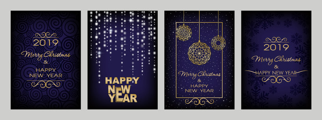 Fototapeta premium Christmas decorations on dark blue background. Merry Christmas and Happy New Year. Luminescent glow, snowflakes, stars, serpentine, shine garlands and christmas balls. Christmas set.