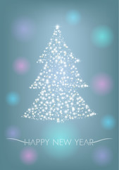 Christmas tree from snowflakes and stars. Happy New Year. Blue background with luminescent glow. New Year greeting card or invitation. 