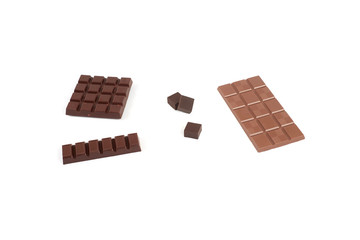 Set with different kinds of chocolate on white background.