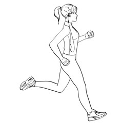 Sport girl jogging object on white background retro. Coloring for children. In sports clothes with headphones and a player