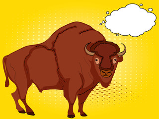pop art animal artiodactyl, bison, cow. Comic book style imitation, text bubble