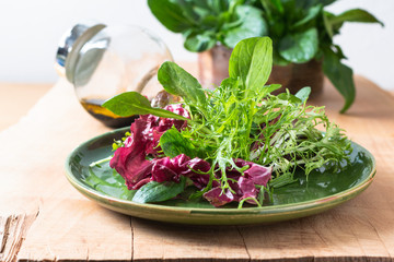 Healthy food concept Mix of vegetables salad in green plate on wood background with copy space