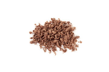 Grated chocolate in a pile isolated on white background.