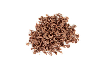 Grated chocolate in a pile isolated on white background.