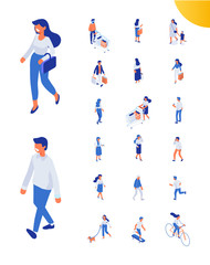  Different isomeric people vector set isolated on white. Male and female characters. Flat isometric vector.