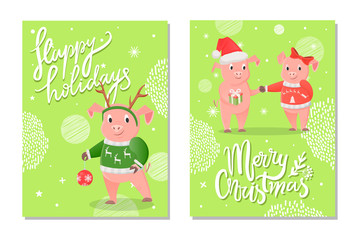 Happy Holidays and Merry Christmas Pig Vector