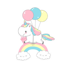 Unicorn Flying Balloons Over Rainbow Birthday Card. Happy Little Pony Hold Gift. Can be used for t-shirt print, kids wear fashion design, baby shower invitation card. Postcard Design