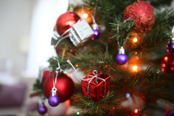 Retro image of decorations on a Christmas tree