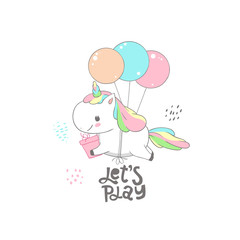 Cute Baby Unicorn Fly on Balloon Dream Card Design. Magic Fantasy Pony Character Holding Gift Box Birthday Banner Can be used for t-shirt print, kids wear fashion design, baby shower invitation card.