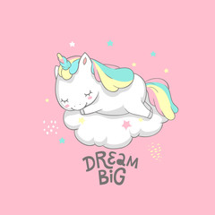 Unicorn Dream Big Fairy Poster Vector Template. Magic Inspirational Watercolor Print Template with Little Horn Pony Sleeping on Cloud. Fairy Motivation Printable Banner Flat Cartoon Design