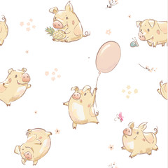 Fototapeta premium Funny Piggy Seamless Pattern Print Vector Set