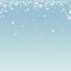 Beautiful falling snow Christmas background. Subtle flying snow flakes and stars on light grey background. Actual winter silver snowflake overlay template. Brilliant vector illustration.