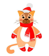 Kitten in winter gloves, mittens, boots and hat. Cartoon illustration on white background