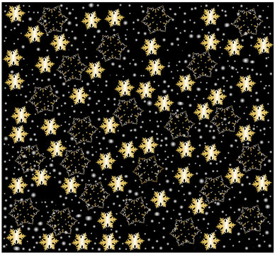 Golden glowing Snow flakes against Black background vector illustration festive texture seamless pattern wrapping paper decoration wallpaper fabric cloths