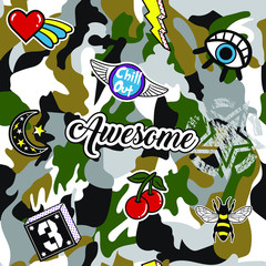 Army seamless pattern. Repeating camouflage print with cool patches. Hand drawn camo fashion background with pop art and military badges. Vector illustration