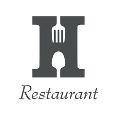 Fototapeta premium Logotipo con texto Restaurant y letra H mayúscula con cubiertos color gris