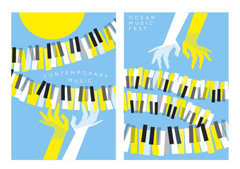 hands and piano keys over blue sky and yellow sun © galyna_p