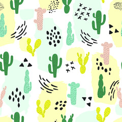 Seamless pattern with cactus and abstract hand drawn design elements. Repeating cacti background. Modern artistic vector graphics