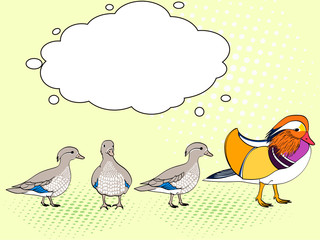 Pop Art. Raster of imitation retro comic style. The family bird, Mandarin duck, goose. ducklings young children. Text bubble