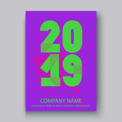 Cover Annual Report numbers 2019, modern design colorful neon splash background vertical, year 2019 in thin lines striped, written with a pen, vector illustration