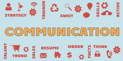COMMUNICATION Panoramic Banner with icons and tags, words. Hi tech concept. Modern style