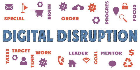 DIGITAL DISRUPTION Panoramic Banner with icons and tags, words. Hi tech concept. Modern style