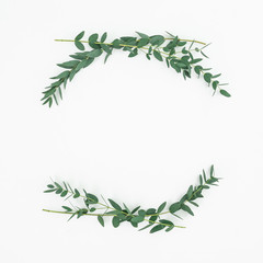 Floral frame made of eucalyptus branches on white background. Flat lay, top view