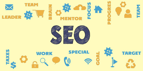 SEO Panoramic Banner with icons and tags, words. Hi tech concept. Modern style