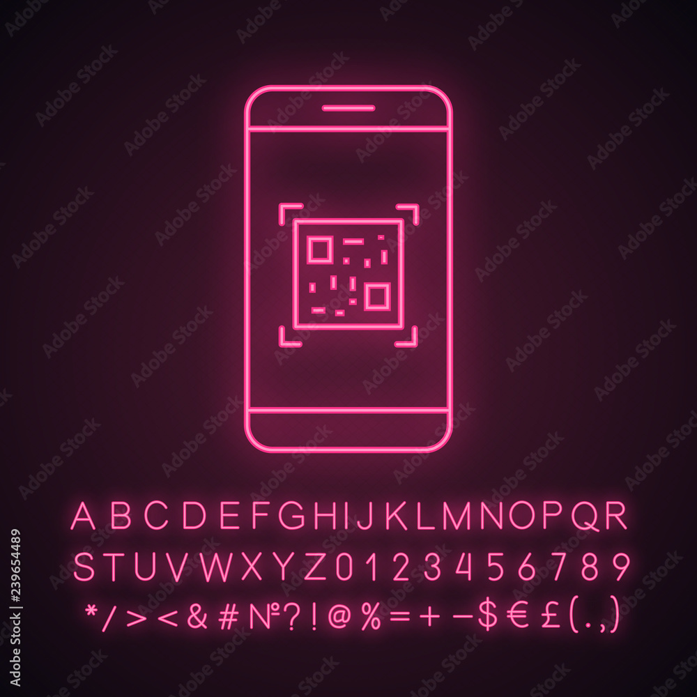 Poster qr code scanning smartphone app neon light icon