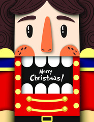 Christmas nutcracker vector illustration in paper cut style. Cool wooden soldier toy from ballet with open mouth and space for text. Creative Merry Xmas background, card, banner, flyer, party invite - 239654499