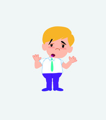 Businessman in casual style makes a gesture of tired resignation.