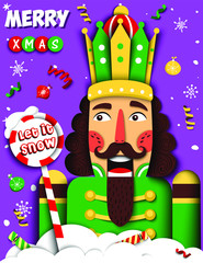 Merry Christmas vector illustration with cool nutcracker, snowflakes, snow, balls, space for text in paper cut style. Creative winter design for greeting card, invites, ads, brochure, flyer, poster