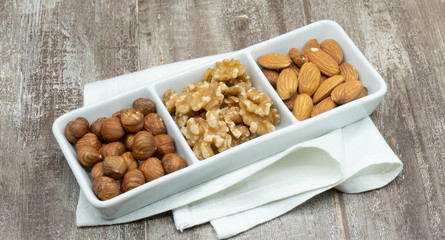 Three nuts, hazelnut, almond and walnut