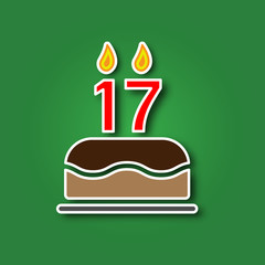 Birthday cake with a candle in the form of a number 17, in the form of a sticker with a shadow icon. Happy Birthday concept symbol design. Stock - Vector illustration can be used for web.