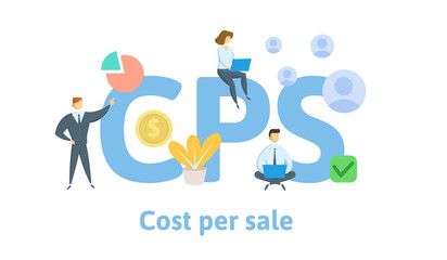 CPS, cost per sale. Concept with keywords, letters, and icons. Colored flat vector illustration. Isolated on white background.