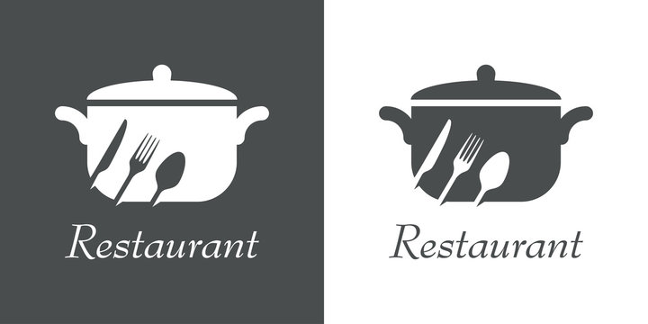 Logotipo con texto Restaurant con cubiertos inclinados en espacio negativo en cacerola en gris y blanco