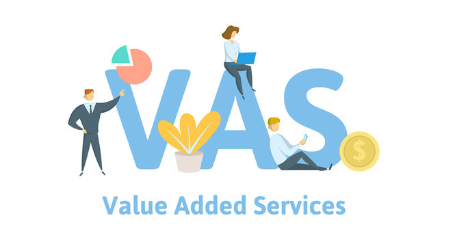VAS, Value Added Services. Concept with keywords, letters, and icons. Colored flat vector illustration. Isolated on white background.