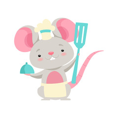 Cute mouse chef holding a spatula, funny animal cartoon character vector Illustration on a white background