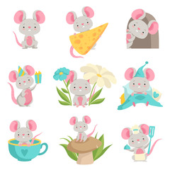 Obraz premium Cute mouse in different situations set, funny animal cartoon character vector Illustration on a white background