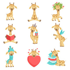 Obraz na płótnie Canvas Cute little giraffe set, funny jungle animal cartoon character in different situations vector Illustration on a white background