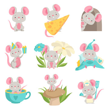Cute mouse in different situations set, funny animal cartoon character vector Illustration on a white background