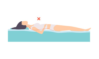 Obraz premium Woman lying on her back, incorrect sleeping posture for neck and spine, unhealthy sleeping position vector Illustration