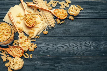 Various pasta on spoons