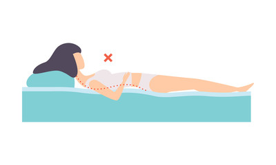Woman lying on her back, incorrect sleeping posture for neck and spine, unhealthy sleeping position vector Illustration