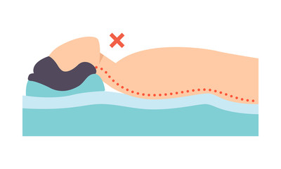 Man lying on his back, incorrect sleeping posture for neck, unhealthy sleeping position vector Illustration