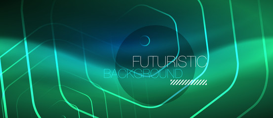 Neon glowing lines, magic energy space blue light concept, abstract background wallpaper design